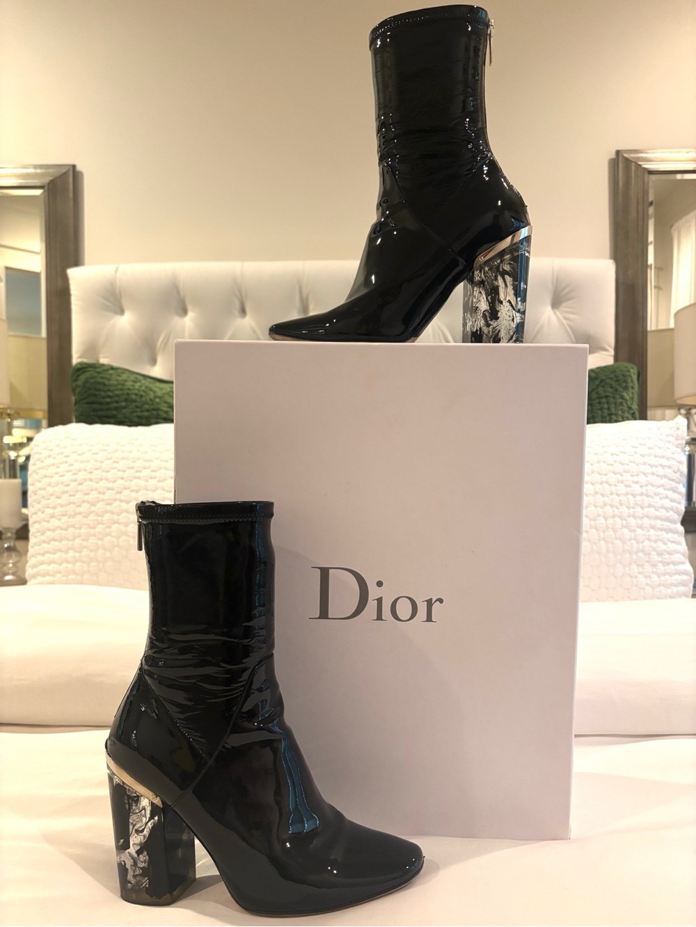 Christian Dior Raf Simons Runway Crystal Blk Patent Leather Boots 38 1/2